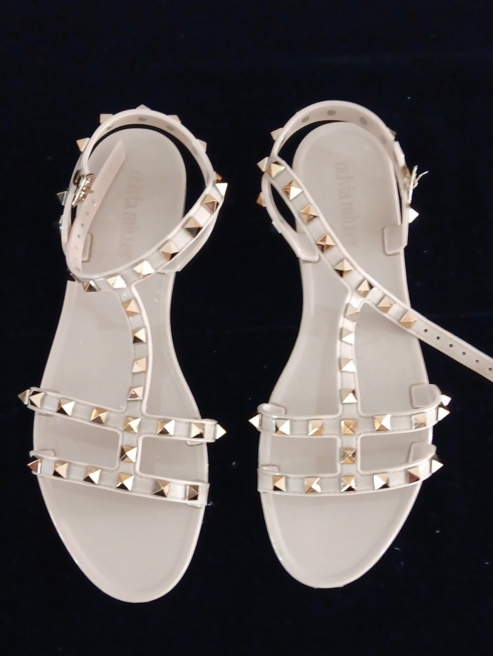 Olivia Miller Beige Studded T-Strap Sandals